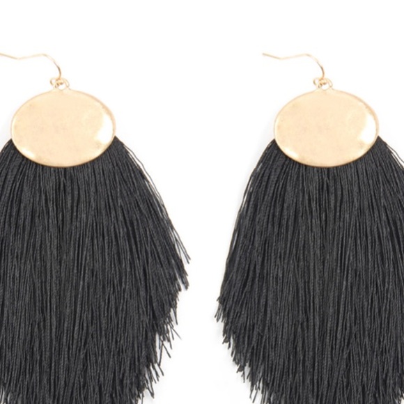 BOHEMIAN THREAD TASSEL HOOK DROP EARRINGS - BLACK - Picture 3 of 4